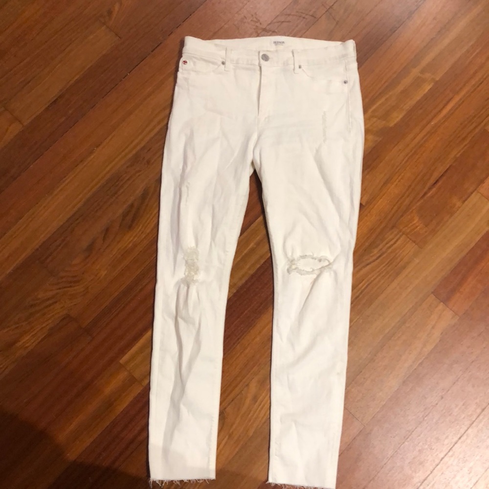 Hudson midrise distressed skinny jeans. White.